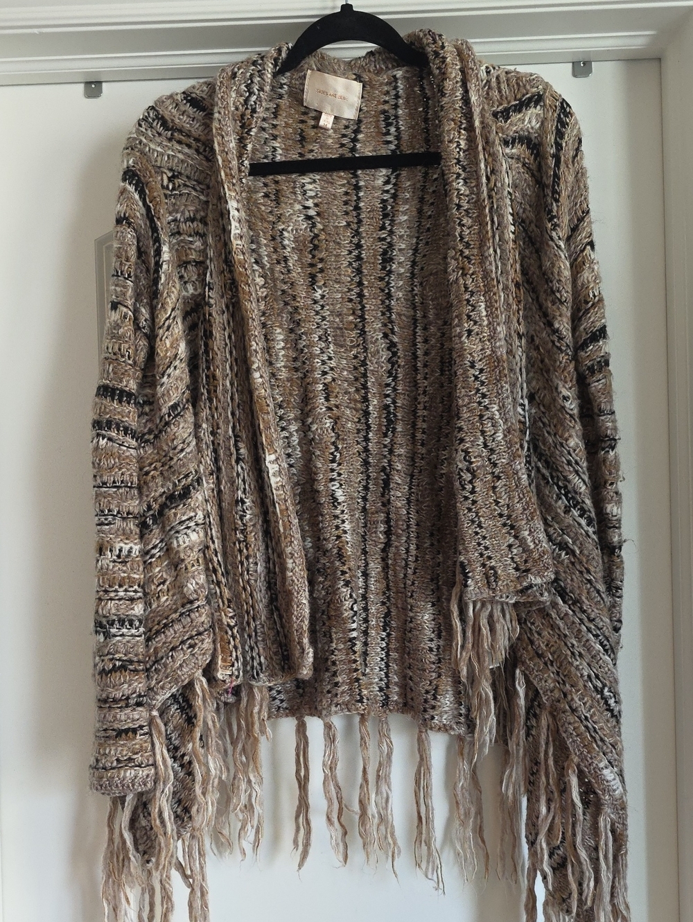 EUC Skies Are Blue Beige & Black Marled Fringe Open Cardigan Medium